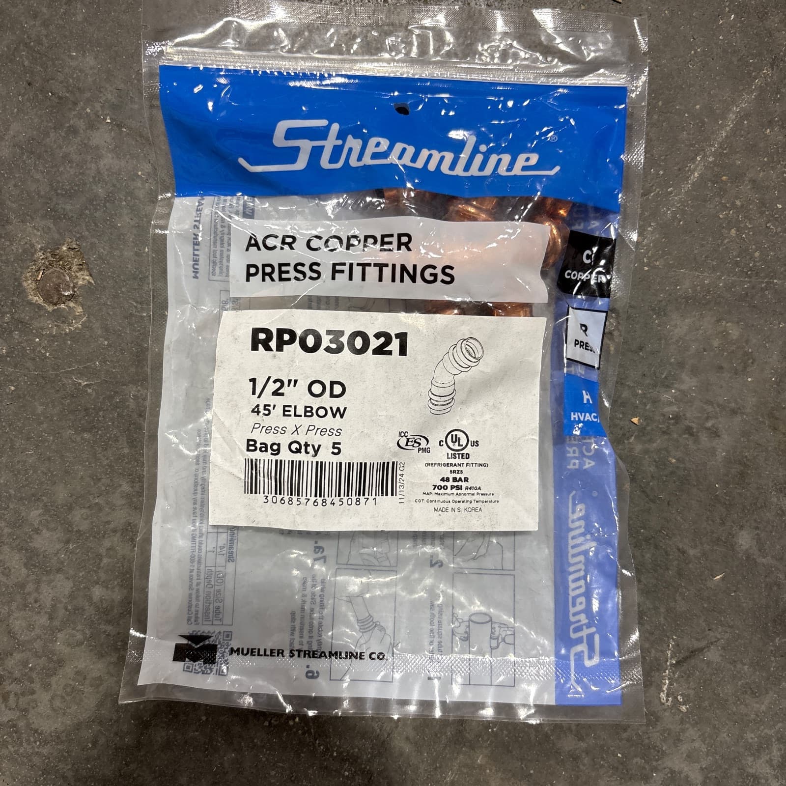 Mueller Industries Streamline 1/2 in. ACR Press LR 45° Elbow Copper Fitting MPN RP03021