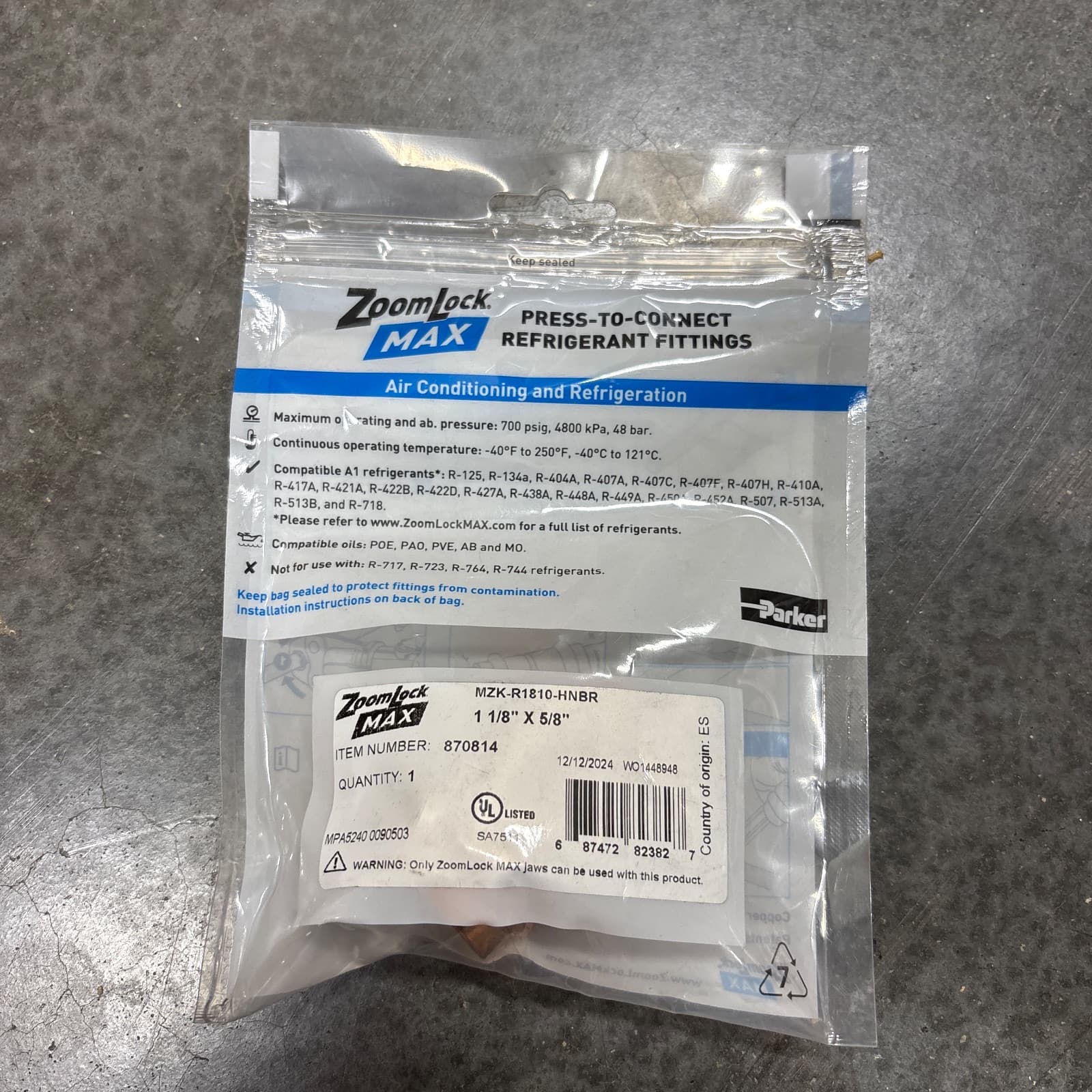 Parker Hannifin ZoomLock MAX 1-1/8 x 5/8 in. OD ACR Copper Press Coupling MPN 870814 — image 1