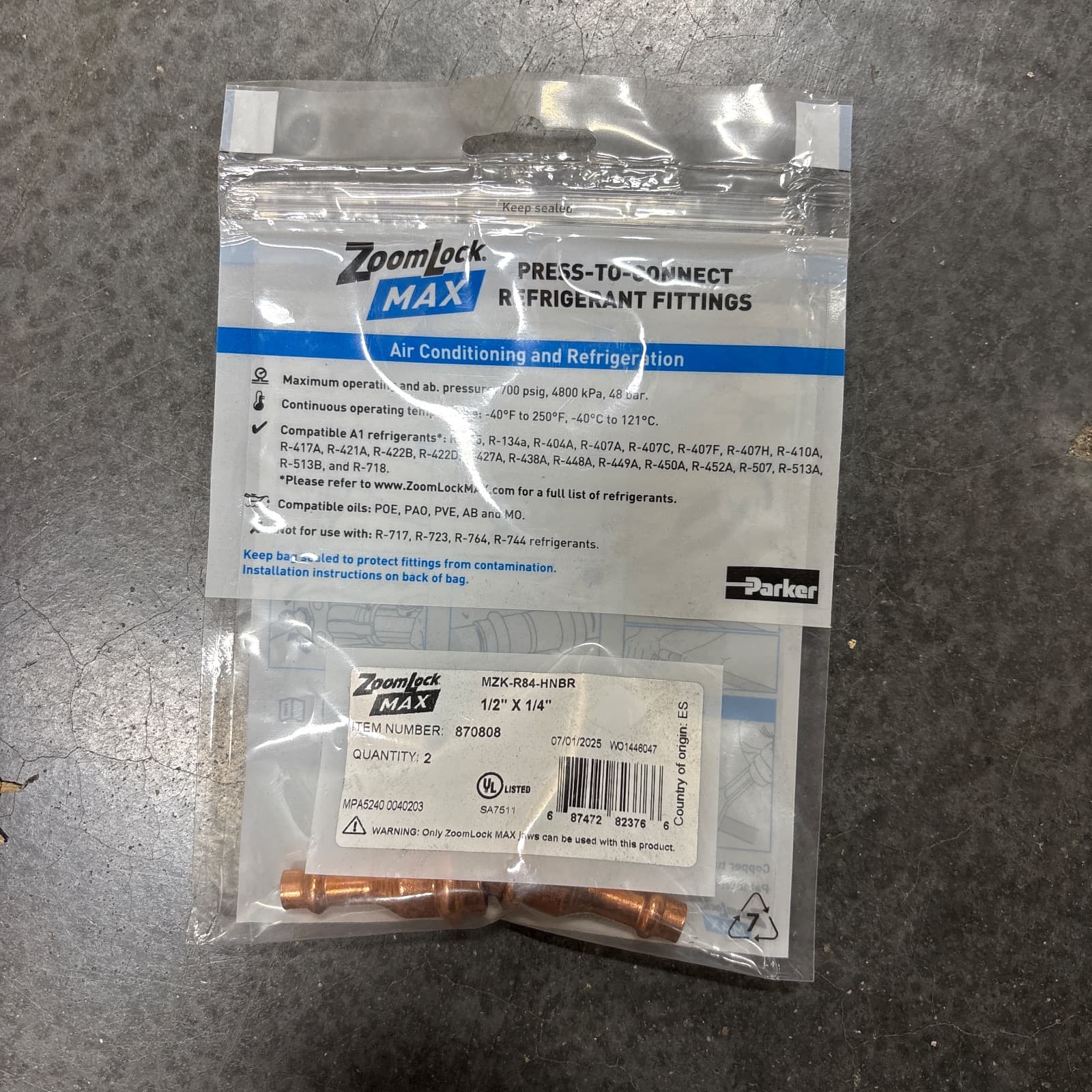 Parker Hannifin ZoomLock MAX 1/2 x 1/4 in. OD ACR Copper Press Coupling MPN 870808
