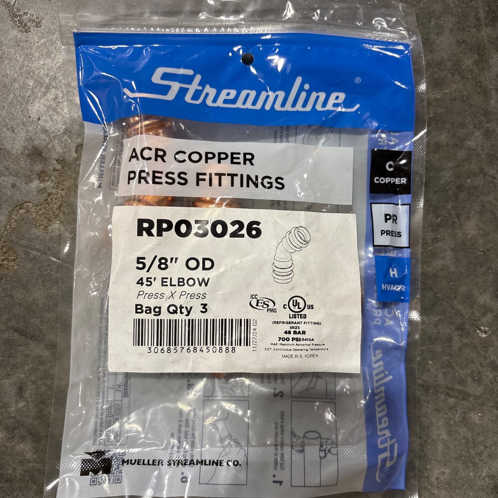 Mueller Industries Streamline 5/8 ACR PRESS LR 45° Elbow Copper Fitting MPN RP03026
