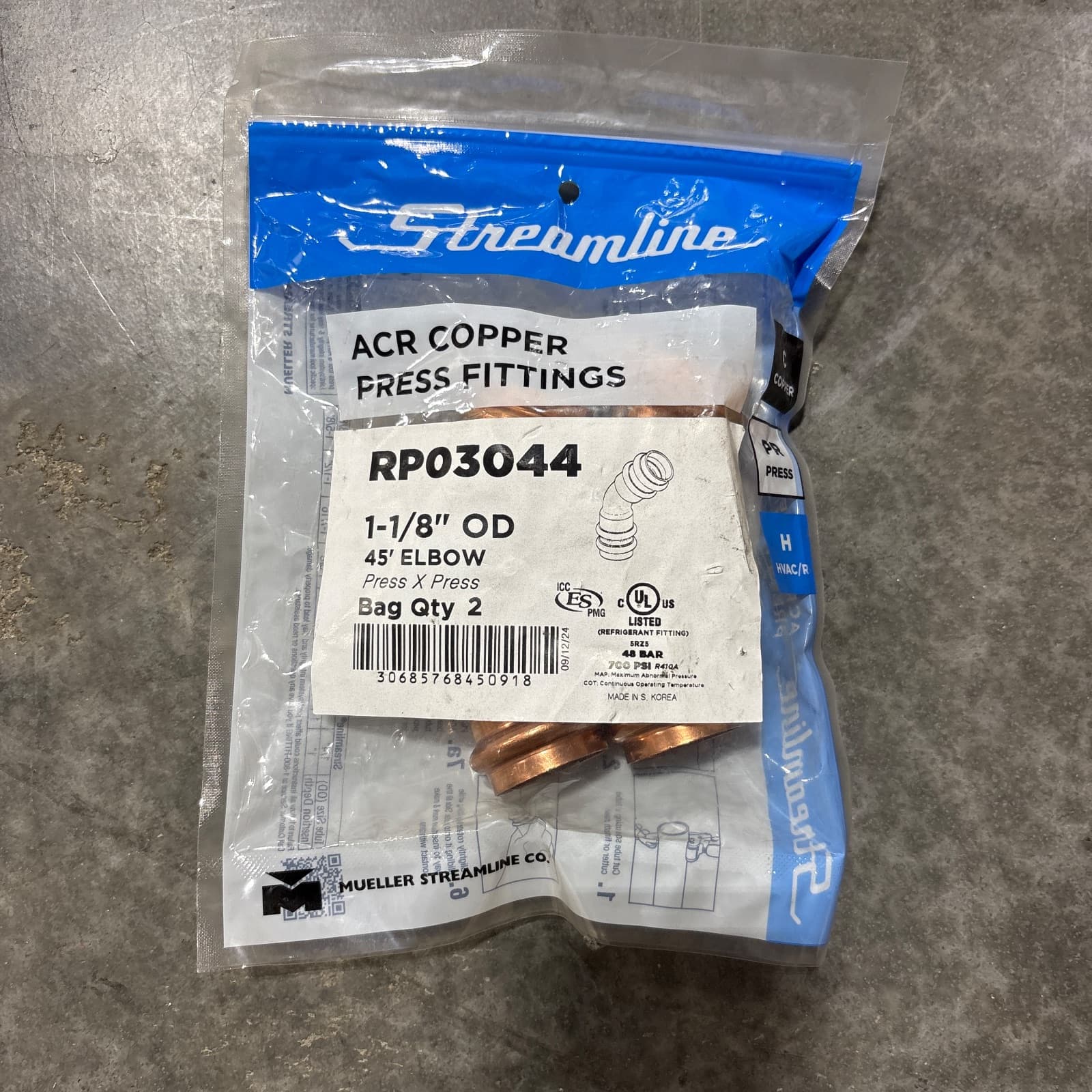 Mueller Industries Streamline 1-1/8 in. ACR PRESS LR 45° Copper Elbow MPN RP03044 — image 1